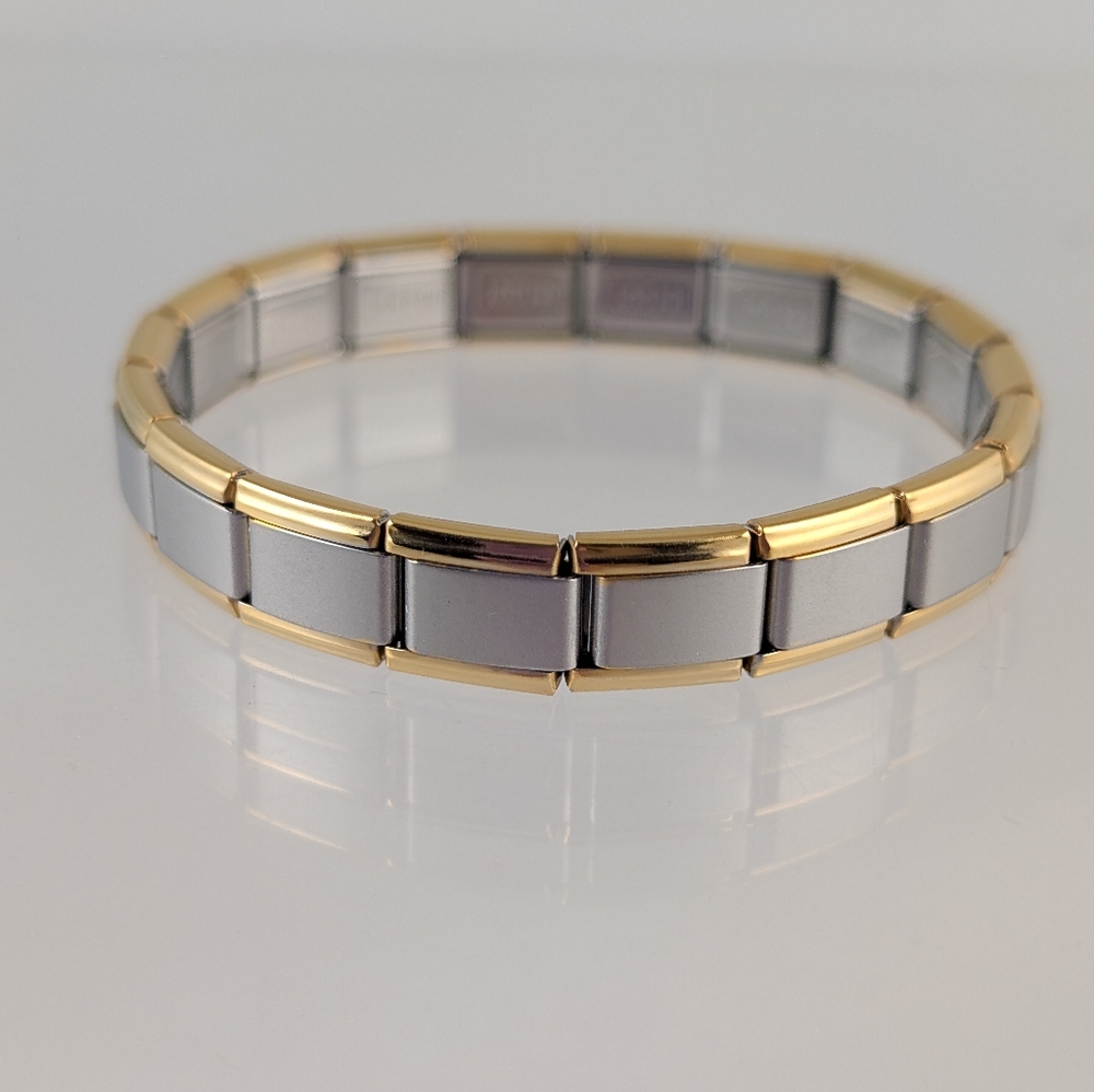 STAINLESS STEEL ITALIAN CHARM BRACELET/9MM/ BRUSHED SILVER w/ GOLD TRIM/ B…